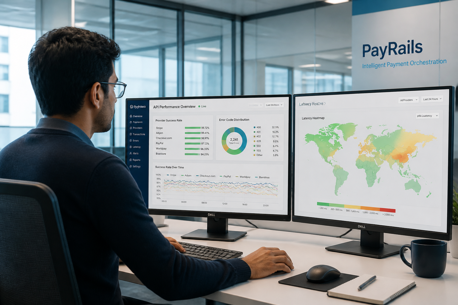 Fintech payments analyst reviewing live API performance dashboard showing provider success rates and error distributions