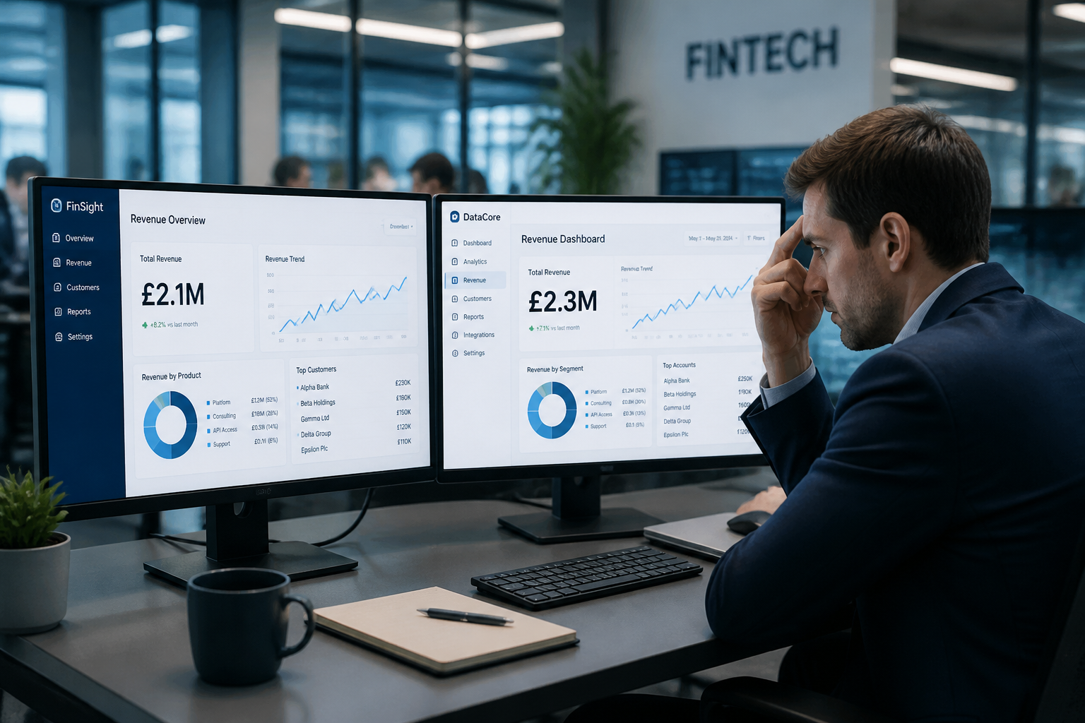 Two business dashboards showing inconsistent revenue metrics illustrating semantic layer problem