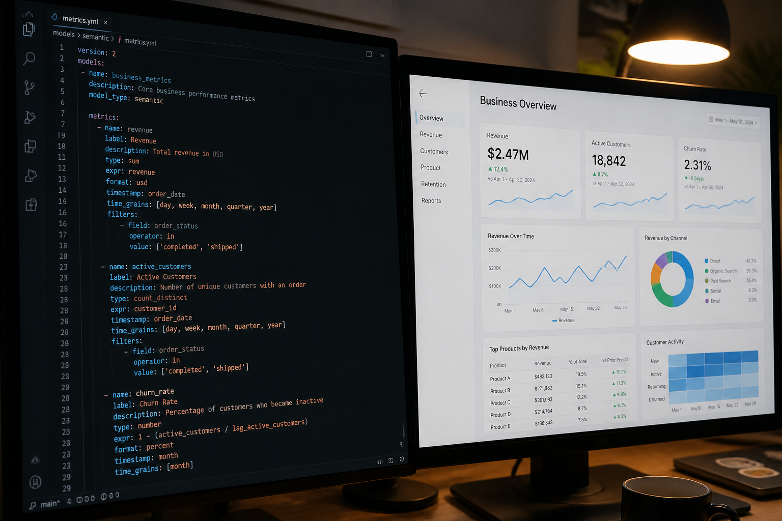 Data engineer defining dbt MetricFlow semantic layer YAML metrics in modern IDE
