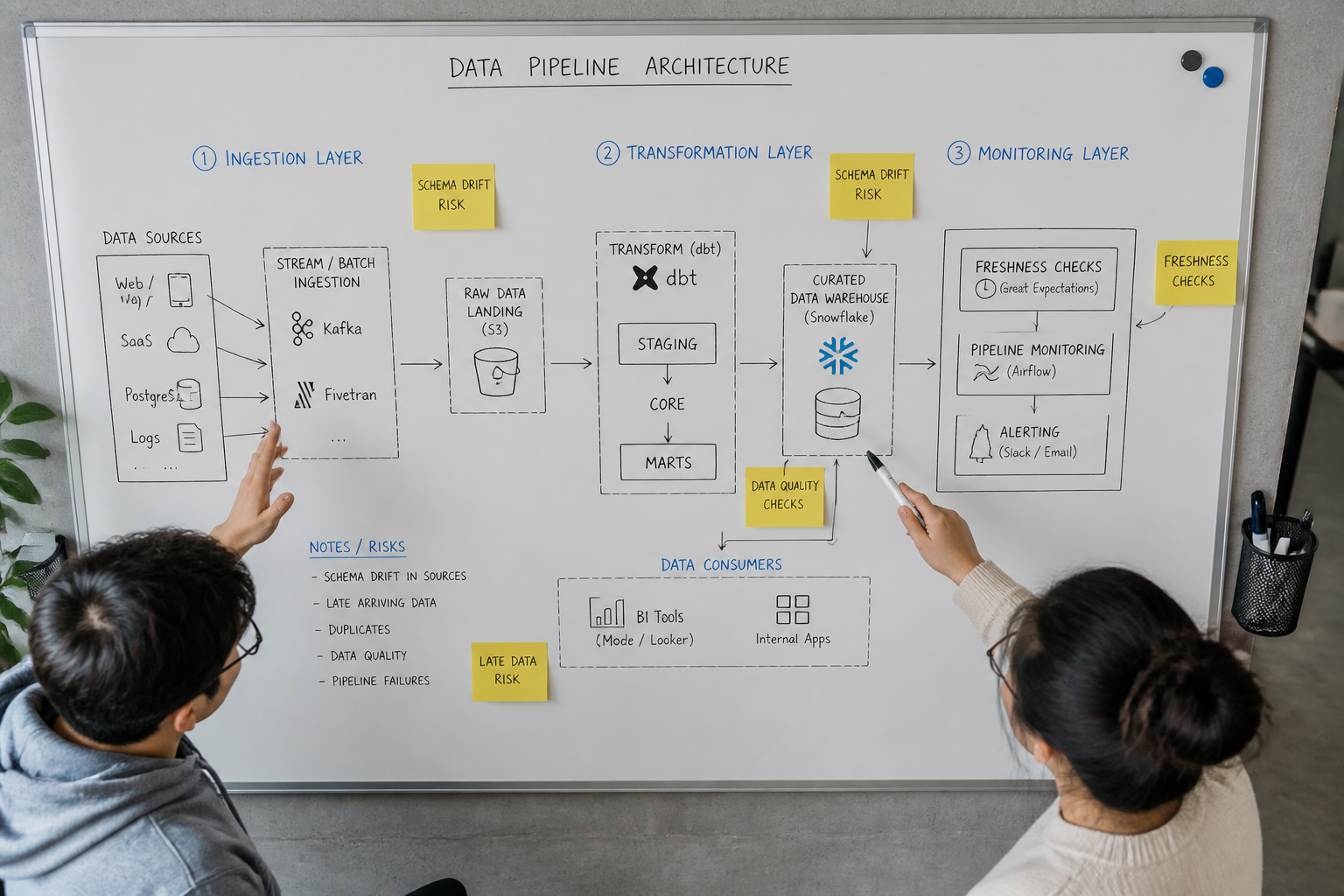 Data engineer reviewing dbt pipeline test results and data quality alerts on startup office monitors