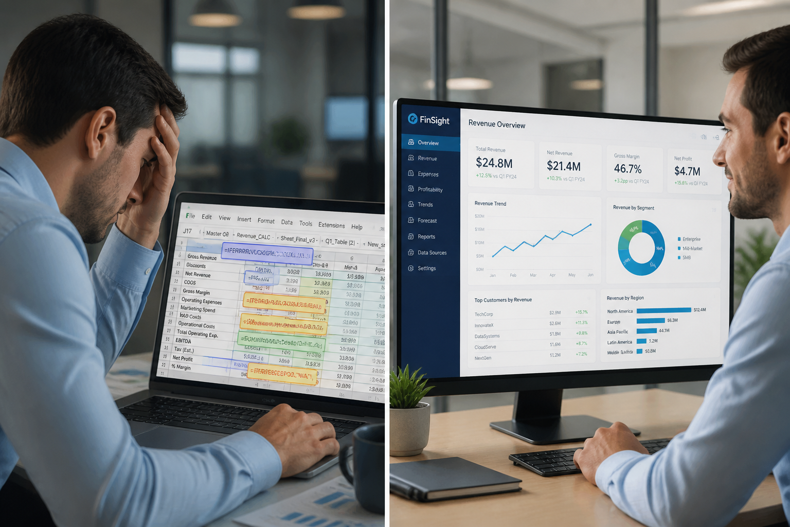 Analyst comparing cluttered startup spreadsheet against clean organised BI dashboard with consistent metrics