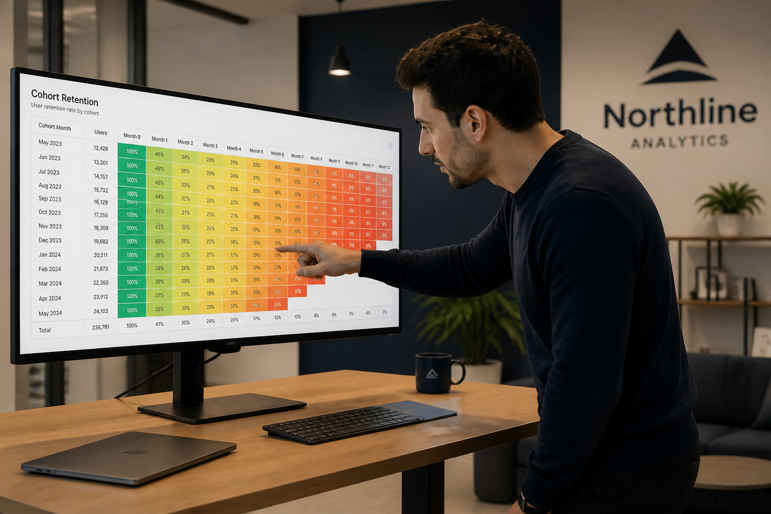Fintech startup analyst reviewing cohort retention heatmap on widescreen monitor in modern office