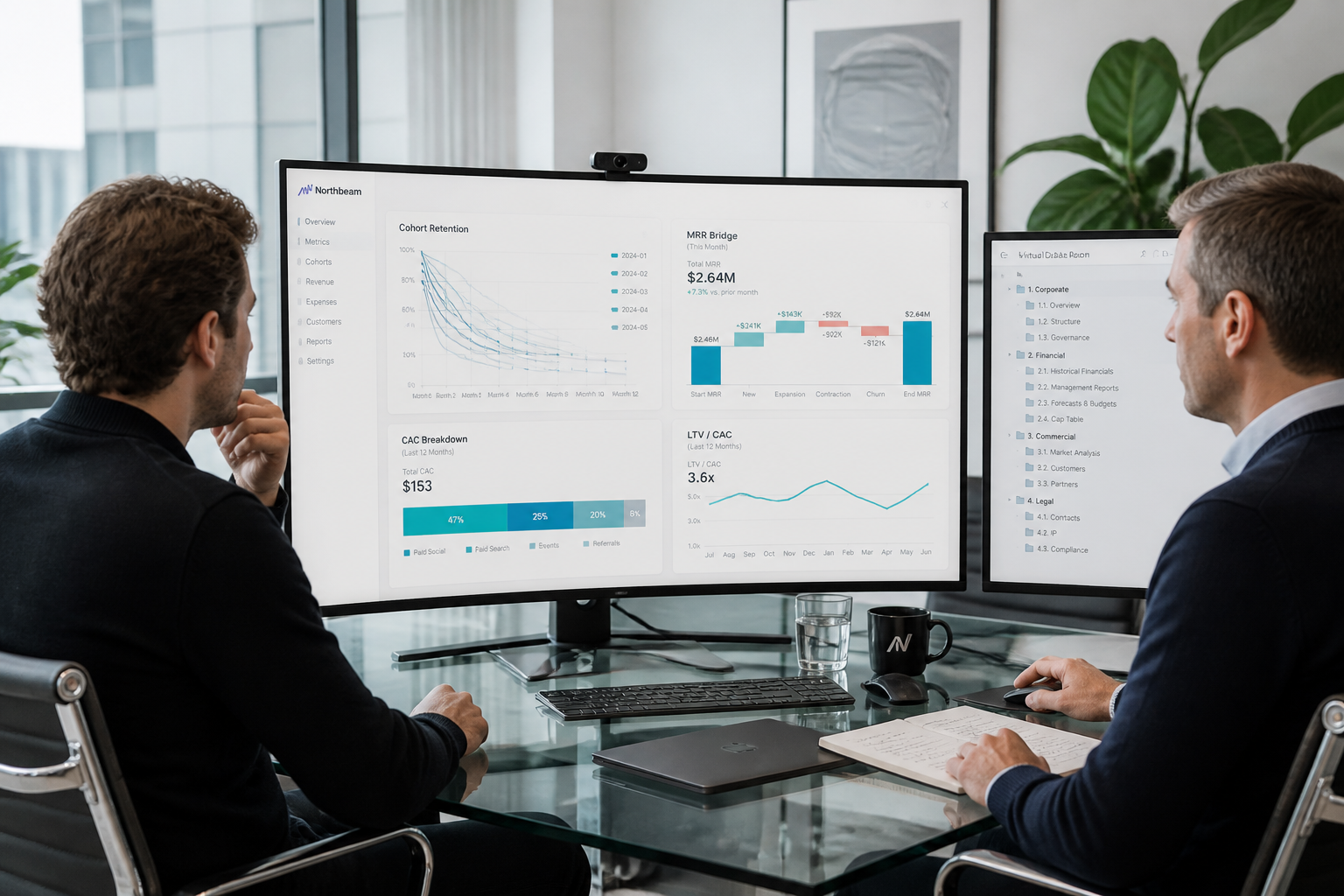 Founder and CFO reviewing investor due diligence analytics dashboard with cohort and MRR data