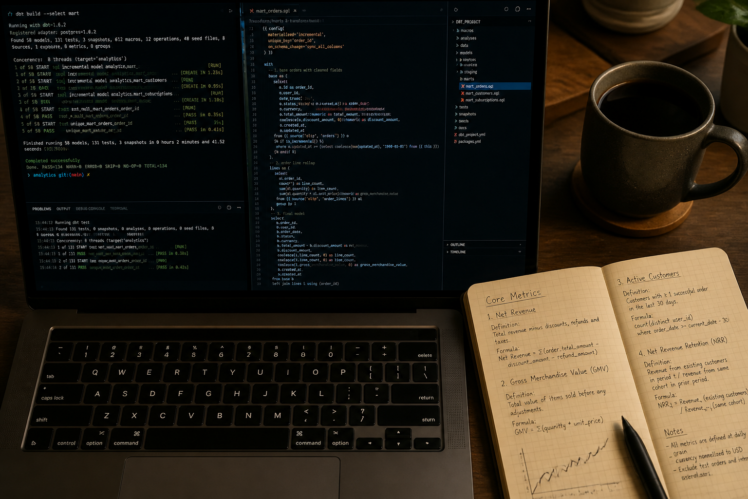 Data engineer building dbt SQL models for auditable startup metrics ahead of fundraising
