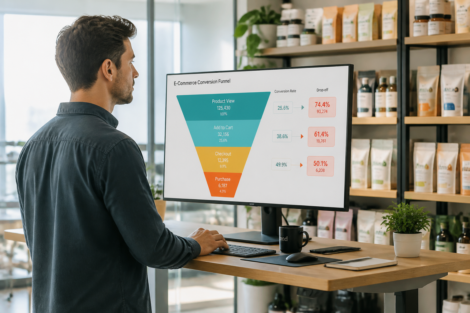 E-commerce growth analyst reviewing multi-stage conversion funnel drop-off analytics dashboard on monitor
