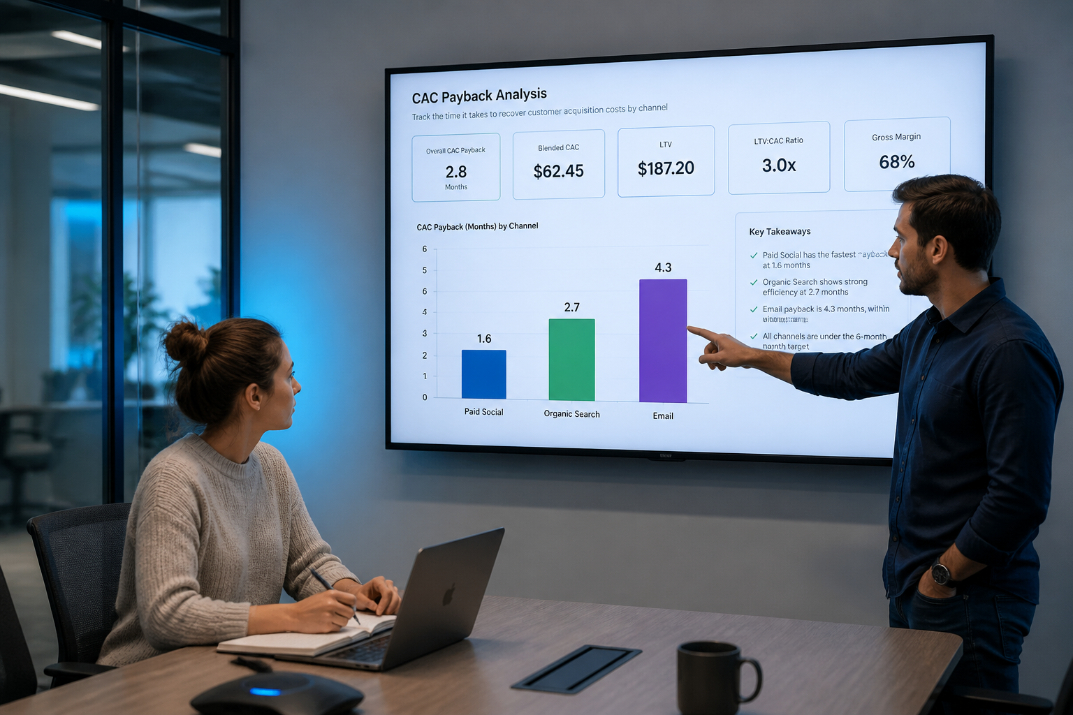 Growth team reviewing CAC payback period by channel dashboard in Series A startup meeting room