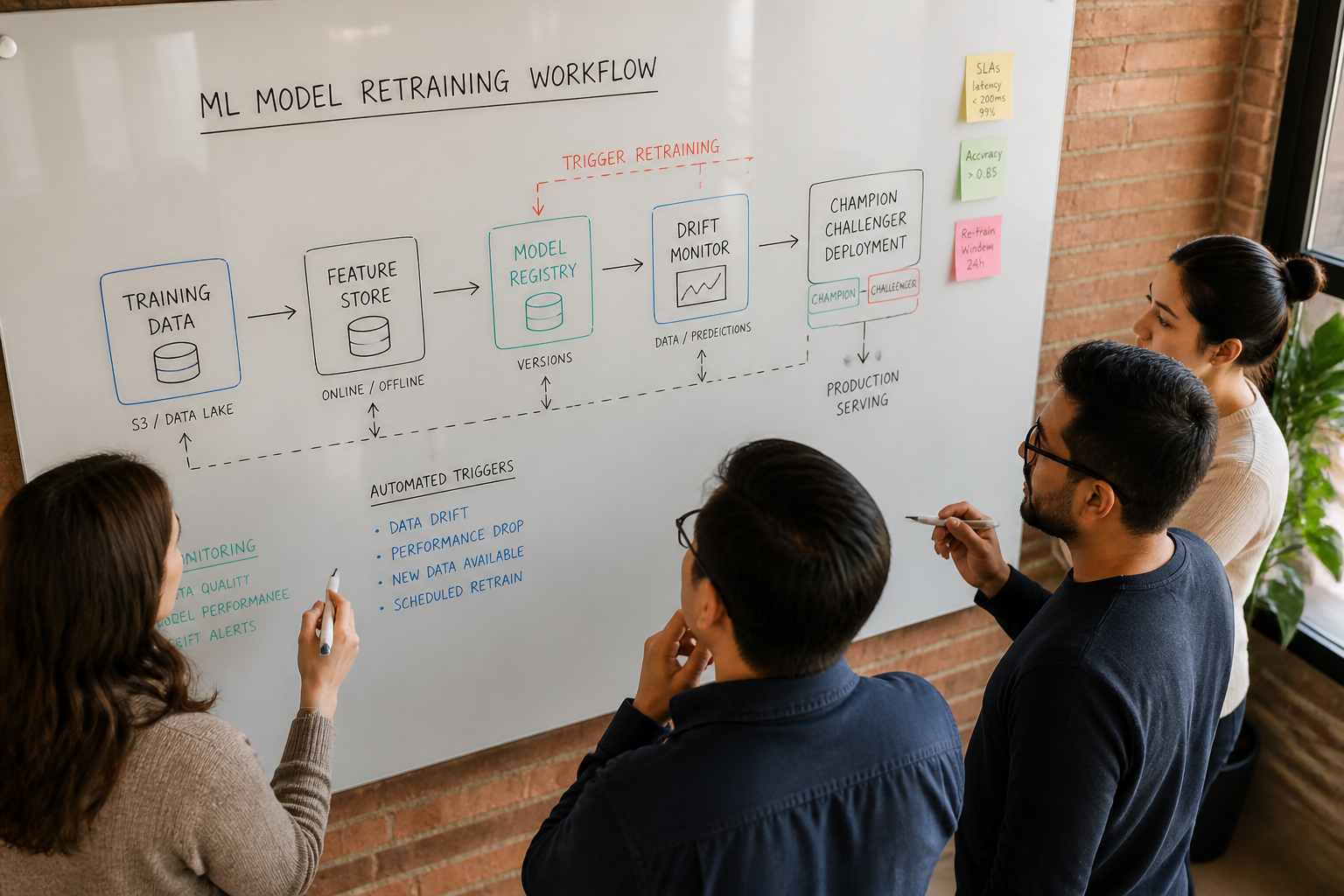 Startup engineering team mapping ML model retraining pipeline on whiteboard showing champion challenger deployment workflow