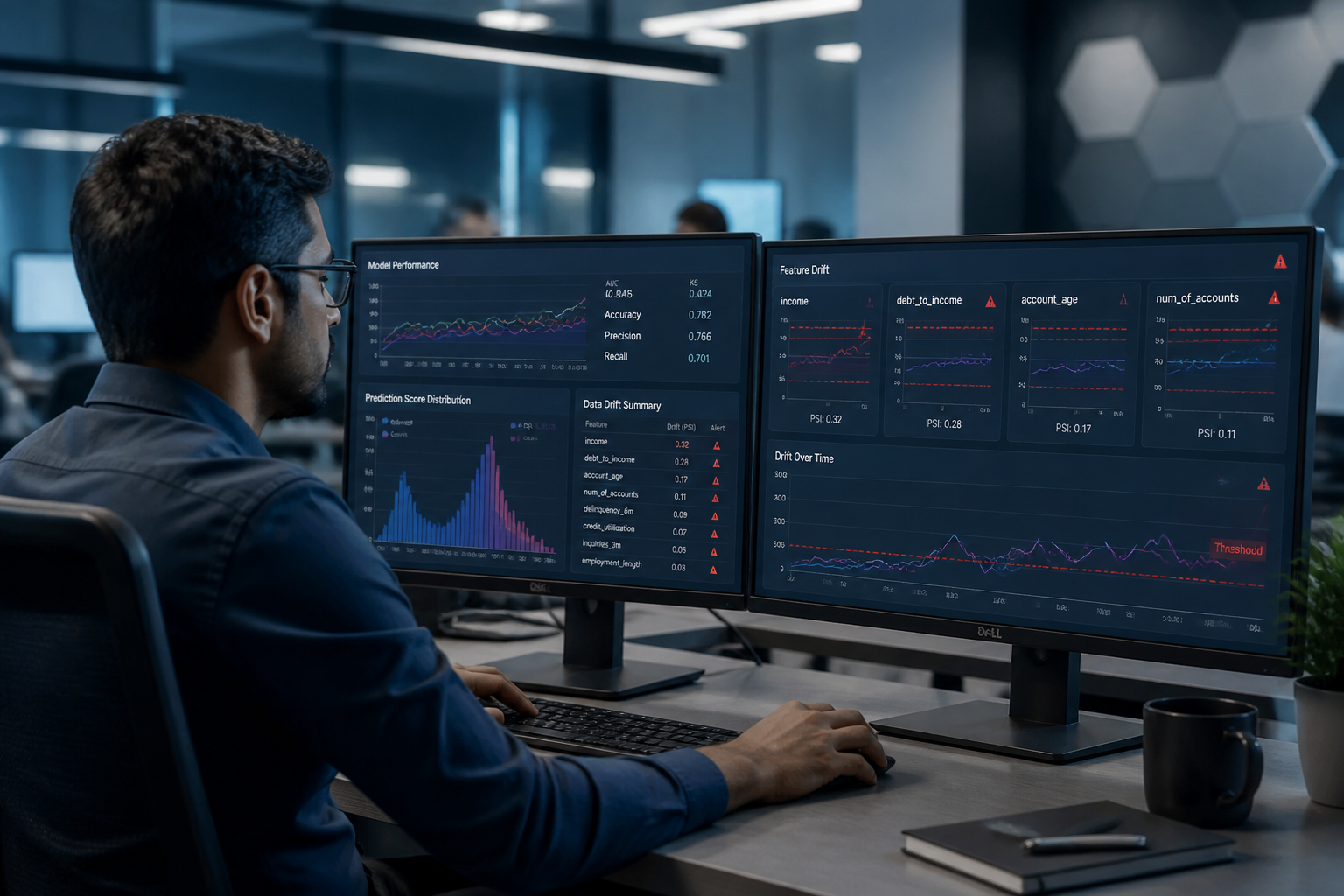 Fintech data scientist reviewing ML model monitoring dashboard showing data drift alerts and prediction score distributions