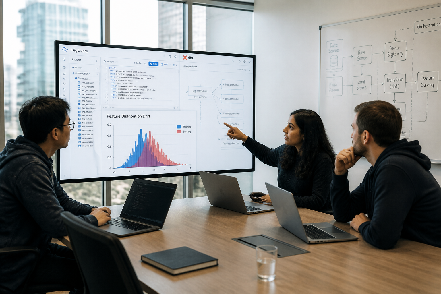 Fintech startup data engineering team reviewing dbt feature pipeline lineage and training versus serving distribution drift charts in BigQuery