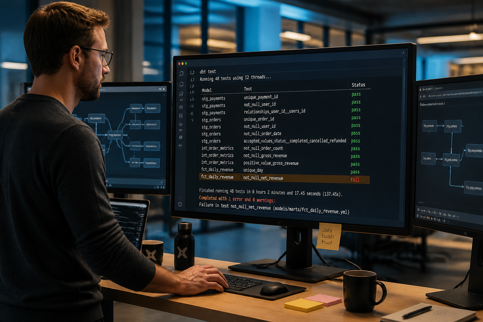 Data engineer reviewing dbt test results with passing and failing checks on terminal screen