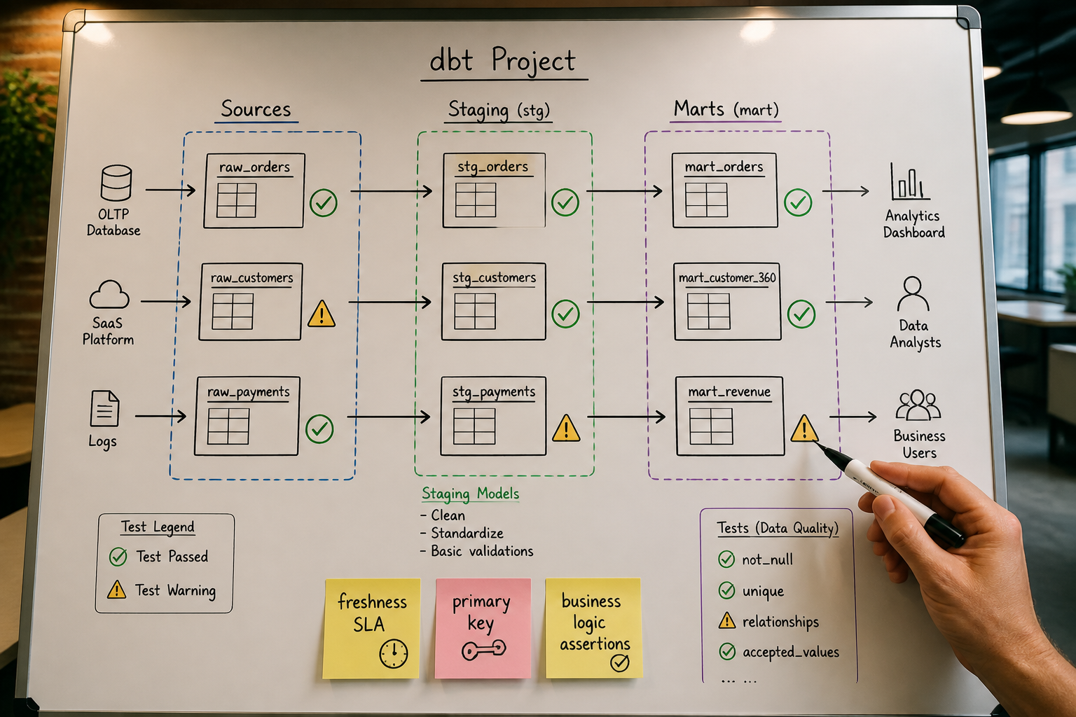 Startup engineering whiteboard showing dbt model layers annotated with data quality test checkpoints