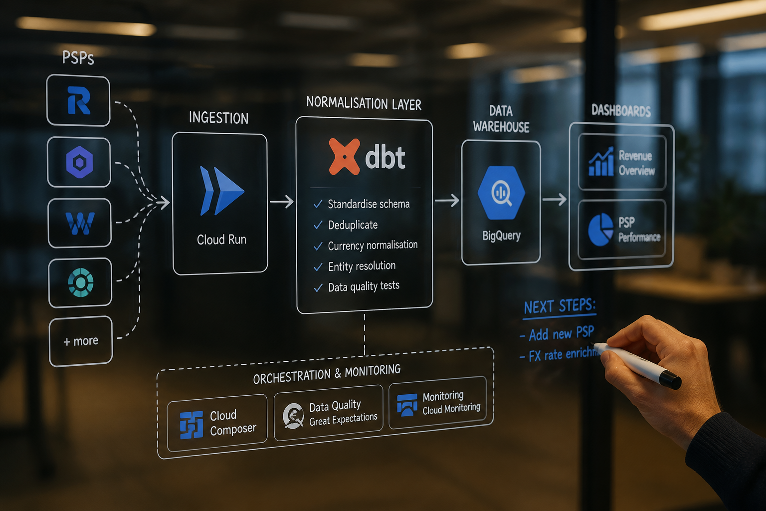 Data pipeline architecture diagram showing PSP data flowing through dbt normalisation into BigQuery analytics warehouse