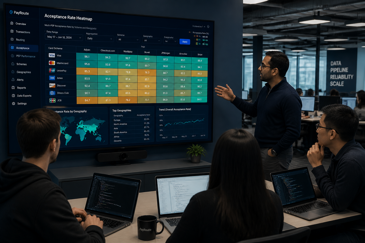 Fintech analytics team reviewing multi-PSP acceptance rate dashboard with payment routing intelligence metrics