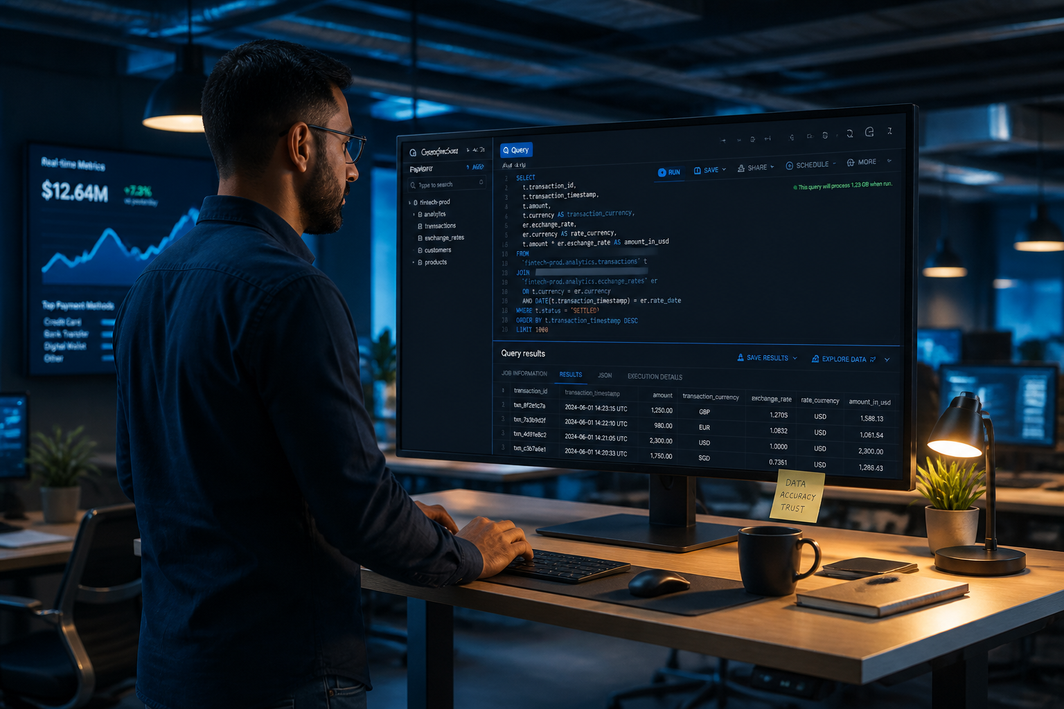 Fintech data engineer building multi-currency analytics pipeline in BigQuery with FX rate joins