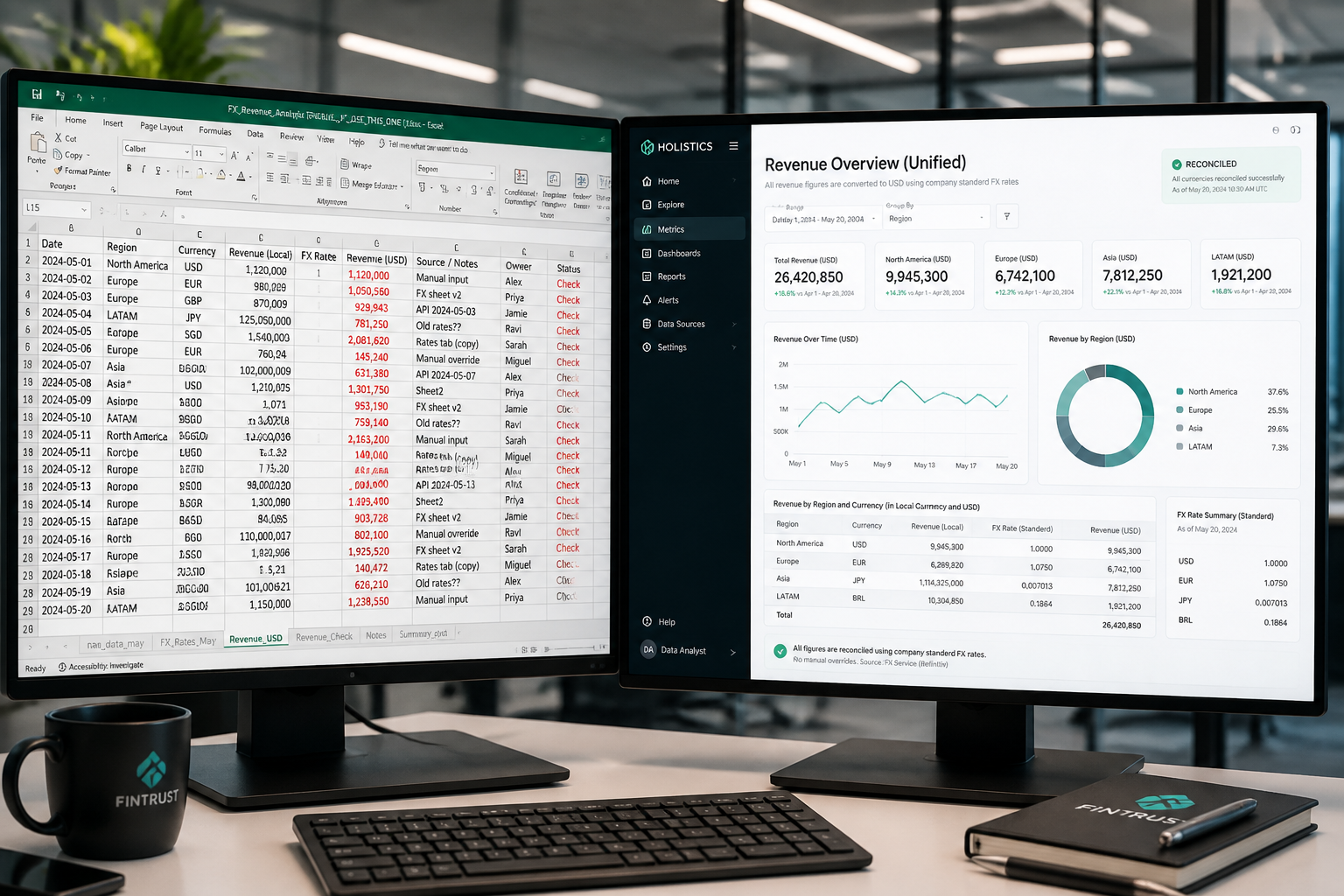 Split screen comparing broken multi-currency spreadsheet reporting versus unified BI dashboard analytics