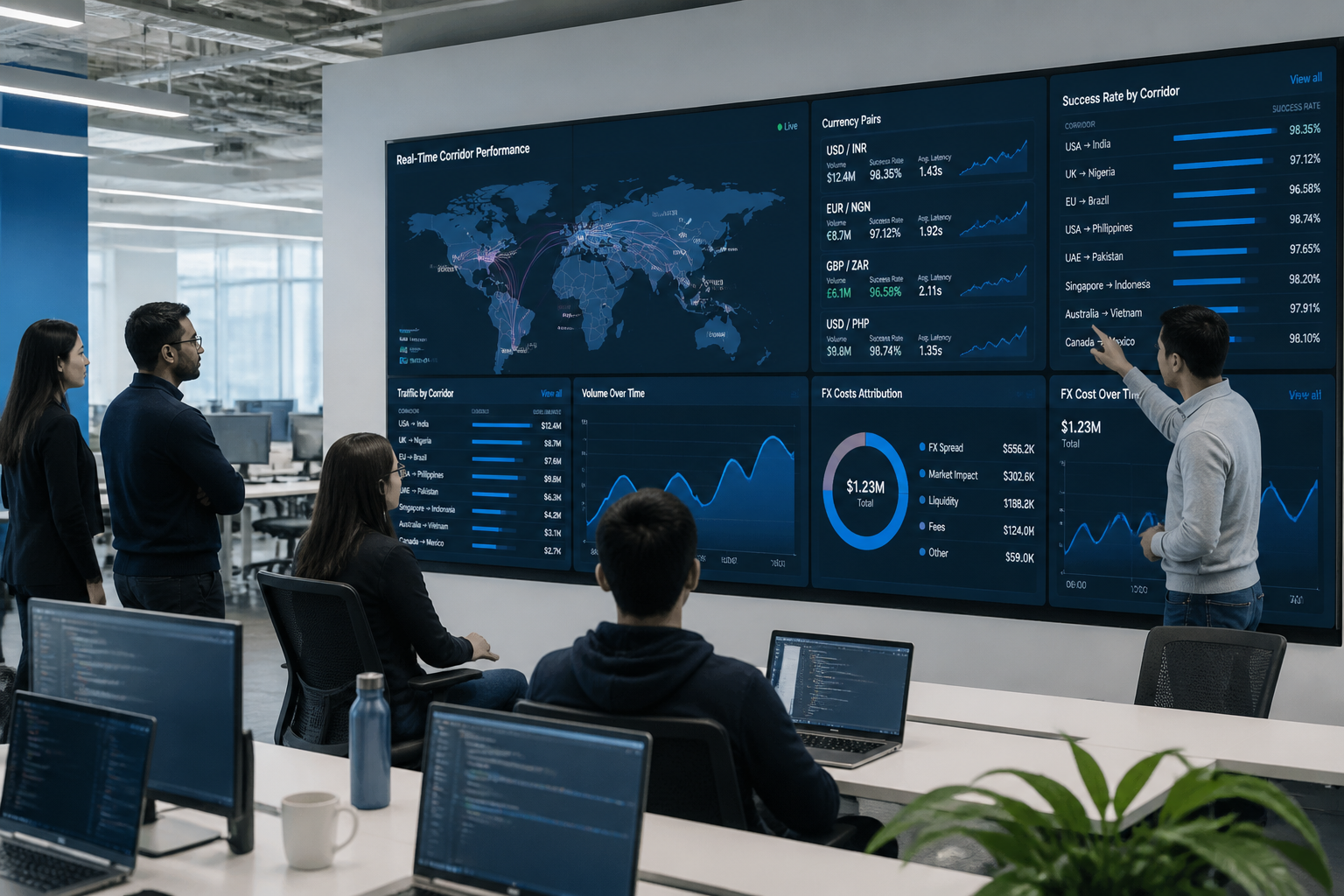 Fintech analytics team reviewing cross-border corridor performance dashboard with world map payment flows