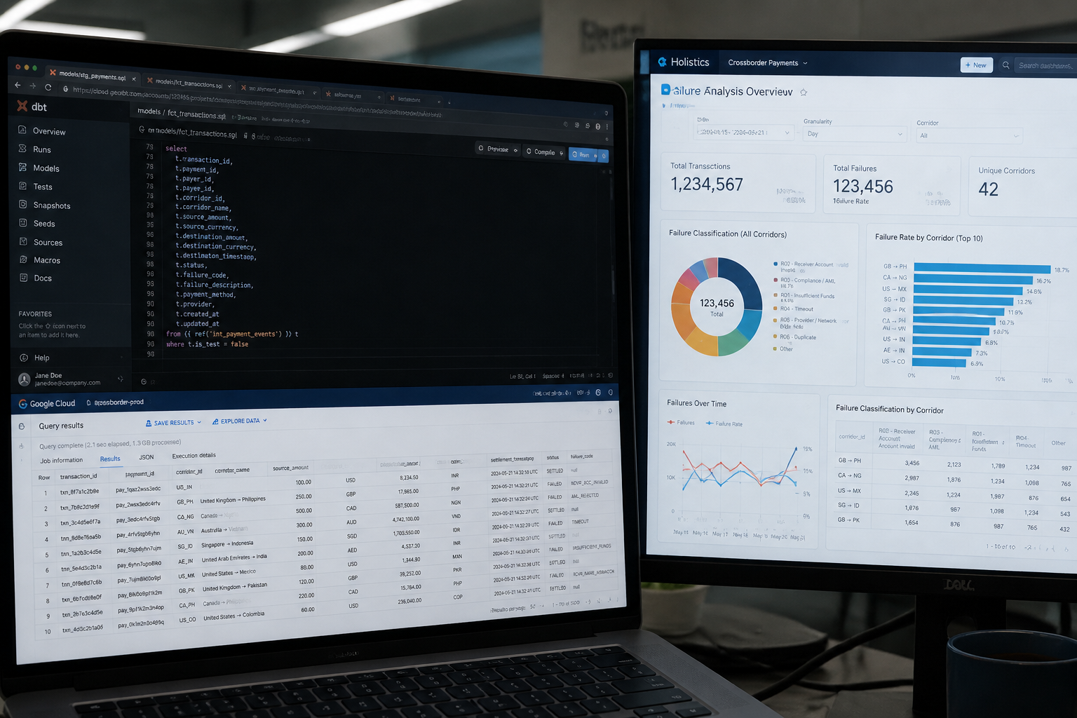 Data analyst building cross-border payments analytics models in dbt and BigQuery at fintech company