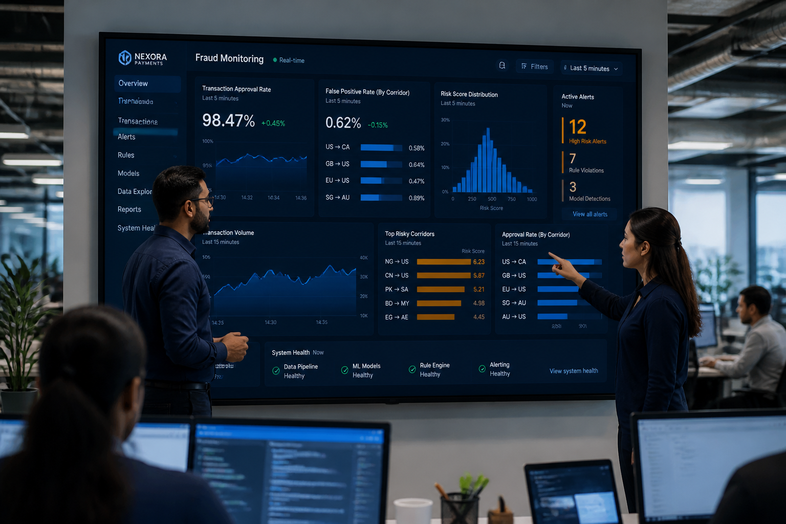 Fintech fraud analytics dashboard showing false positive rate and transaction risk scores in real time