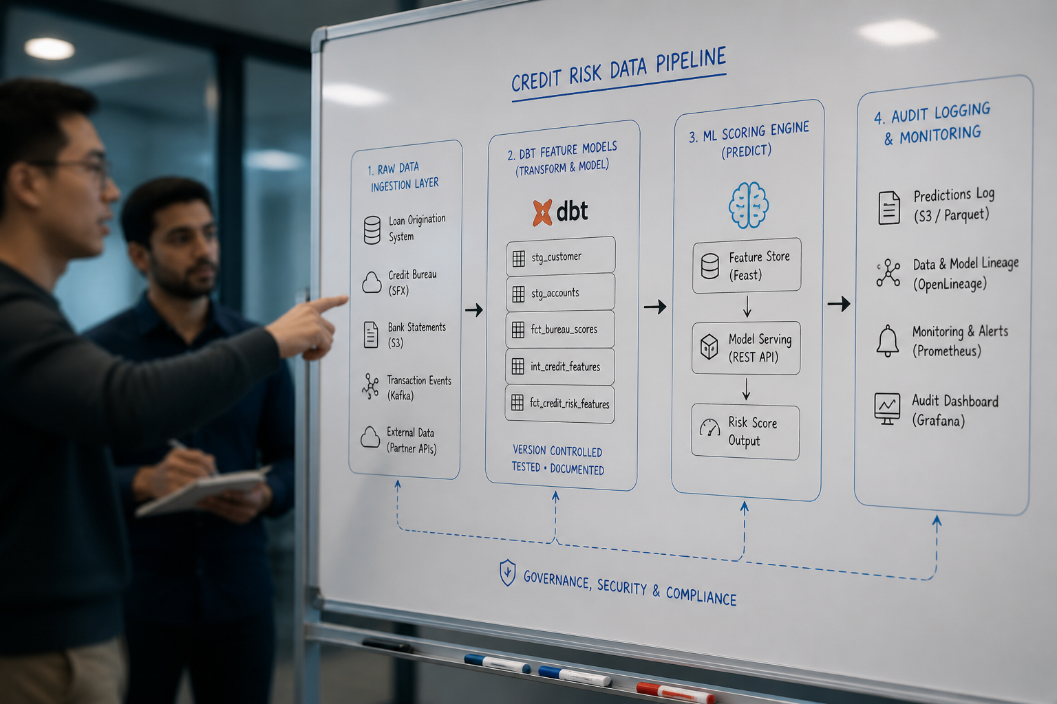 Data engineering team reviewing credit risk analytics pipeline architecture on whiteboard