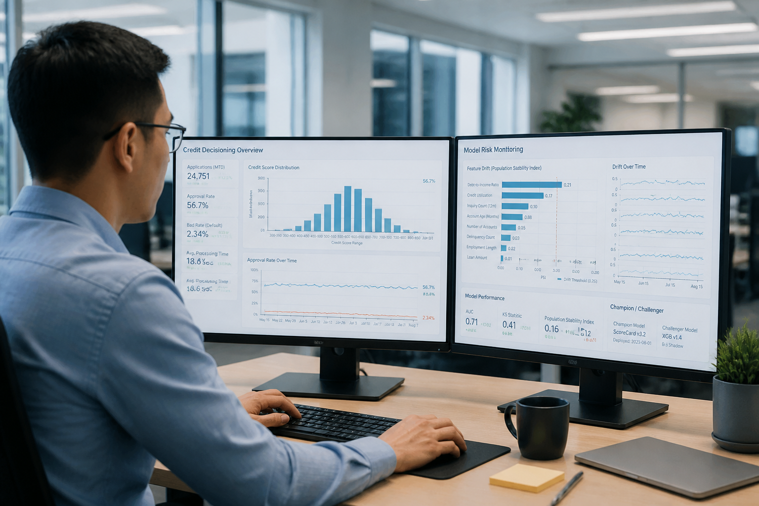 Fintech risk analyst reviewing credit risk analytics dashboard showing real-time scoring data