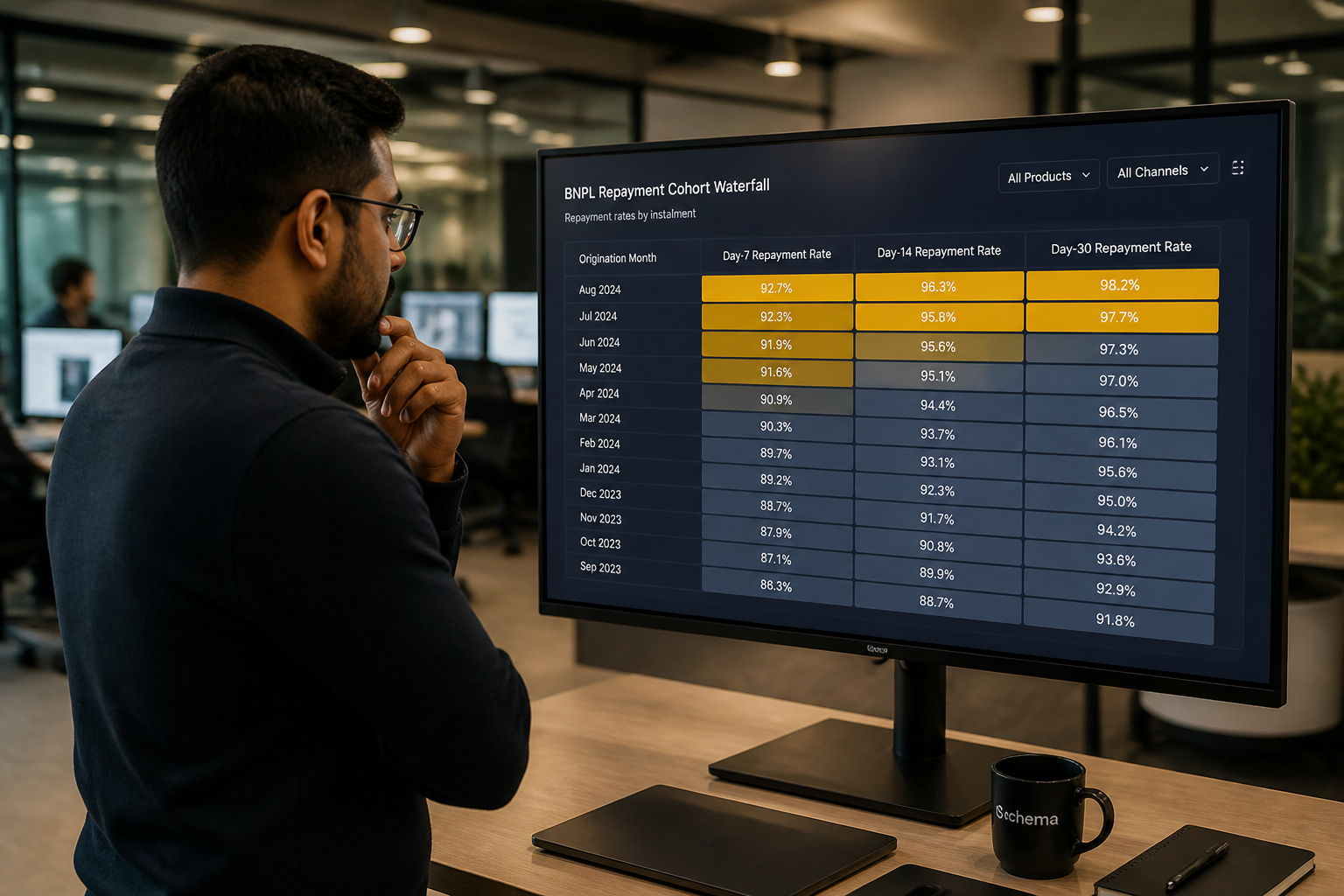 BNPL risk analyst reviewing repayment cohort analytics dashboard with instalment-level delinquency data
