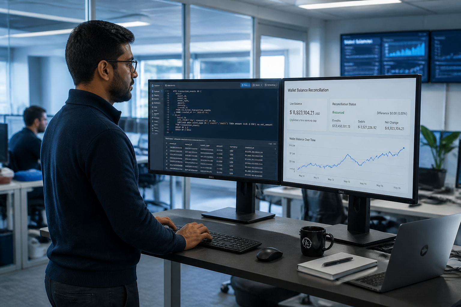 Fintech data engineer reviewing digital wallet balance reconciliation dashboards and SQL transaction event data