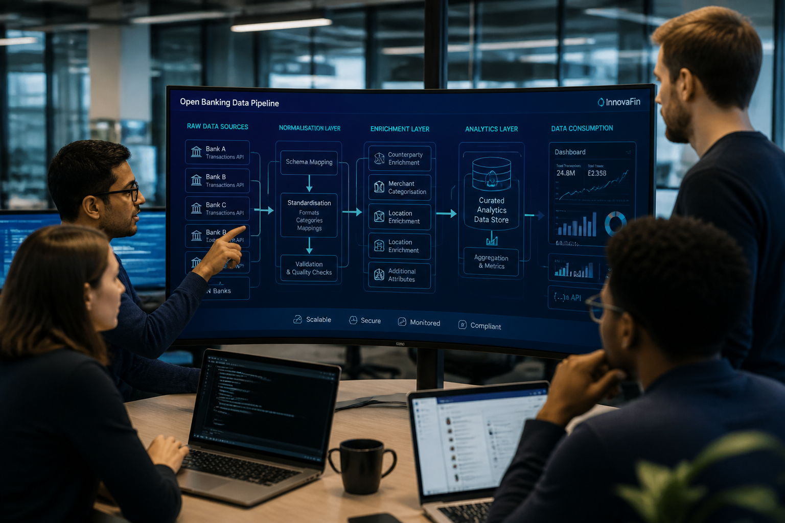 Fintech data engineering team building open banking API analytics pipeline in modern office