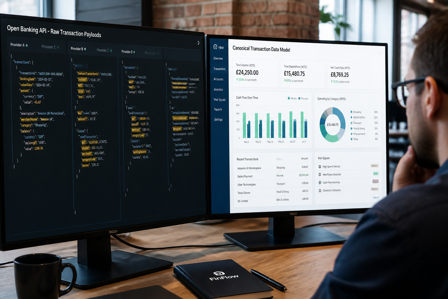Financial analyst comparing raw open banking transaction data with normalised BI dashboard