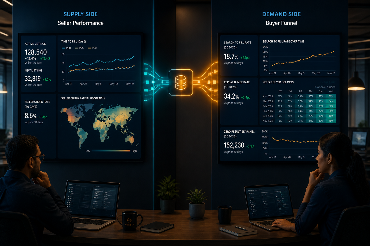 Two-sided marketplace analytics dashboard showing supply side seller metrics and demand side buyer funnel data connected by a data pipeline