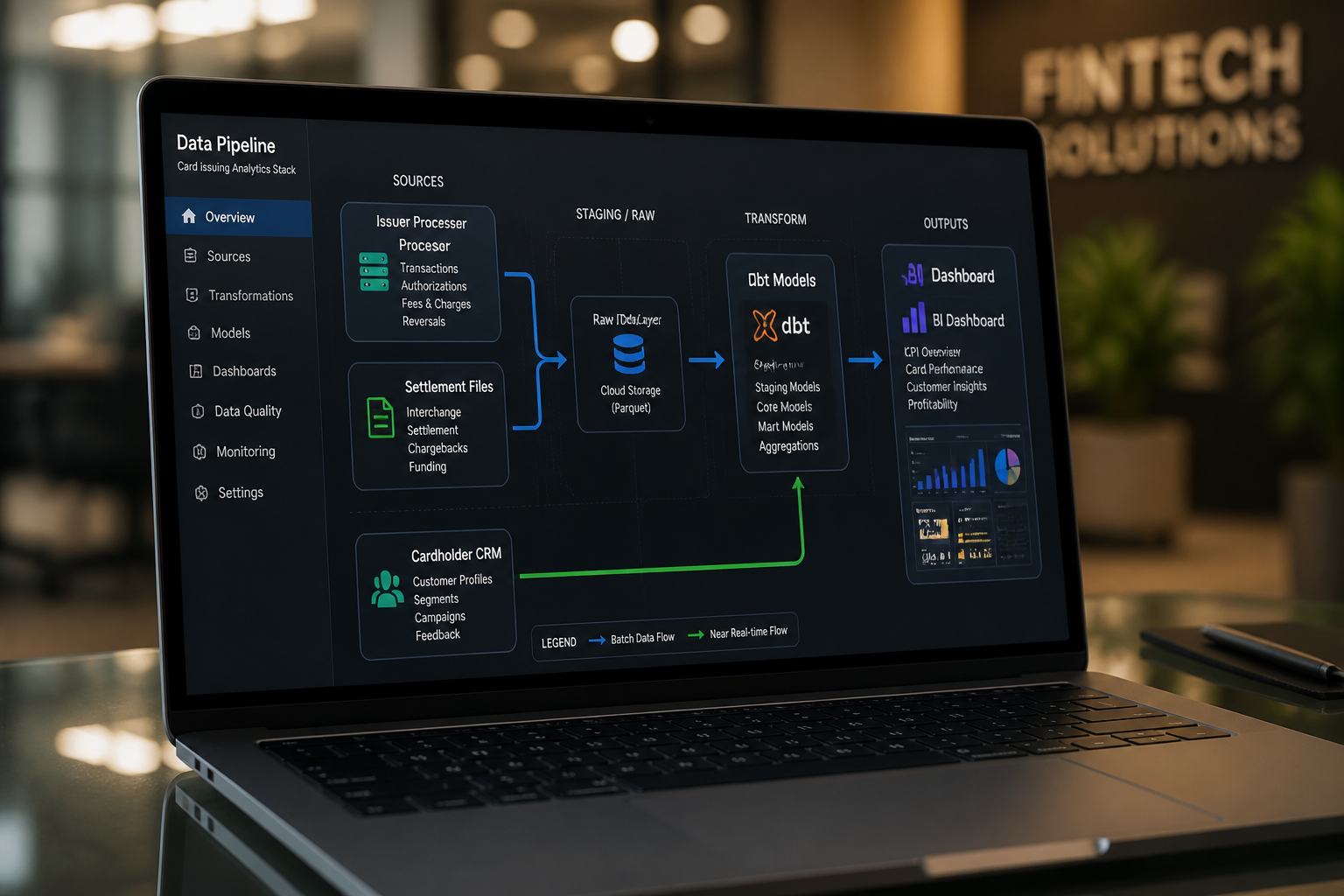 Card issuing analytics data pipeline architecture diagram displayed on laptop screen in fintech office