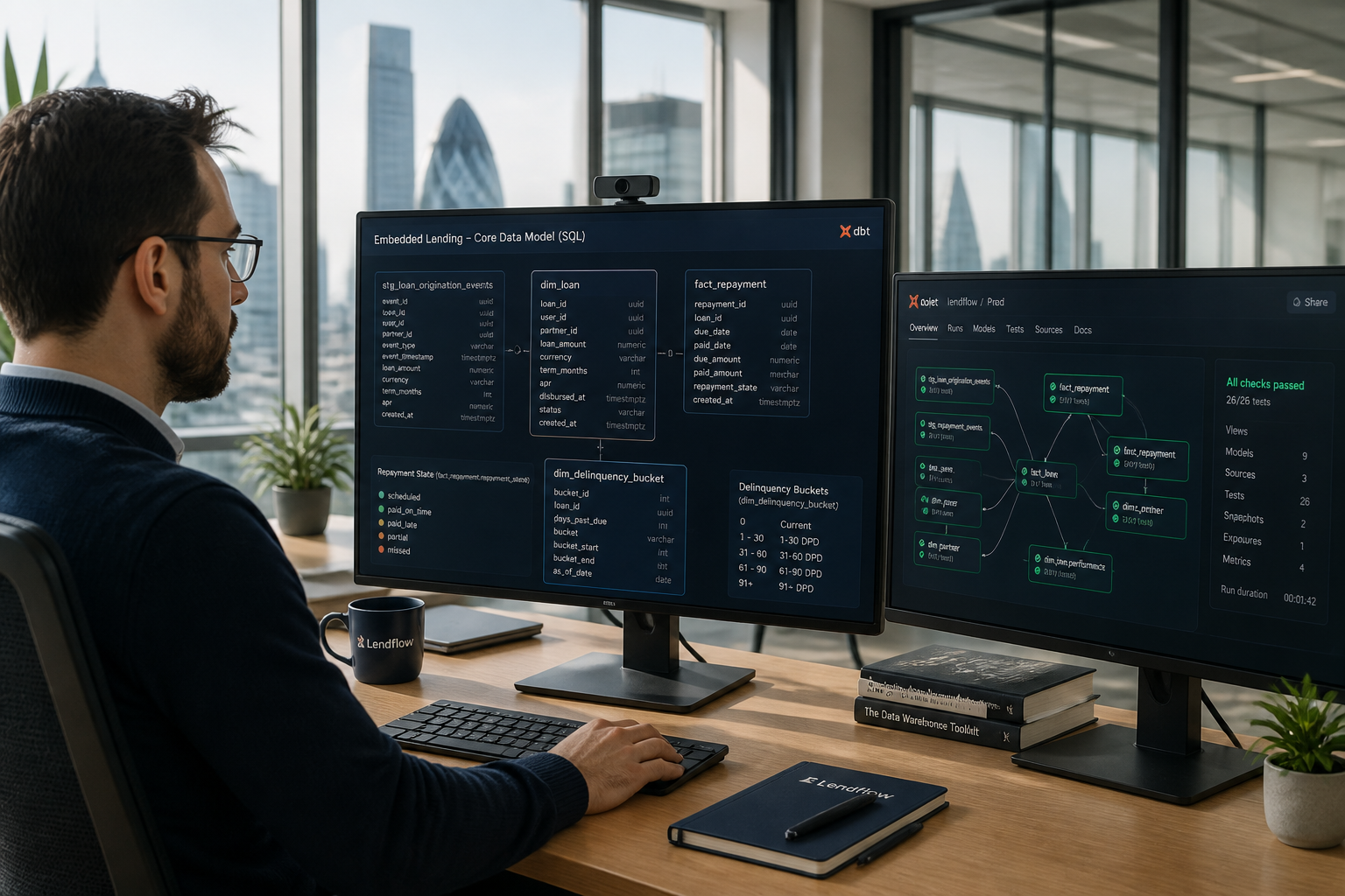 Data engineer reviewing embedded finance SQL models and dbt pipeline in a fintech office