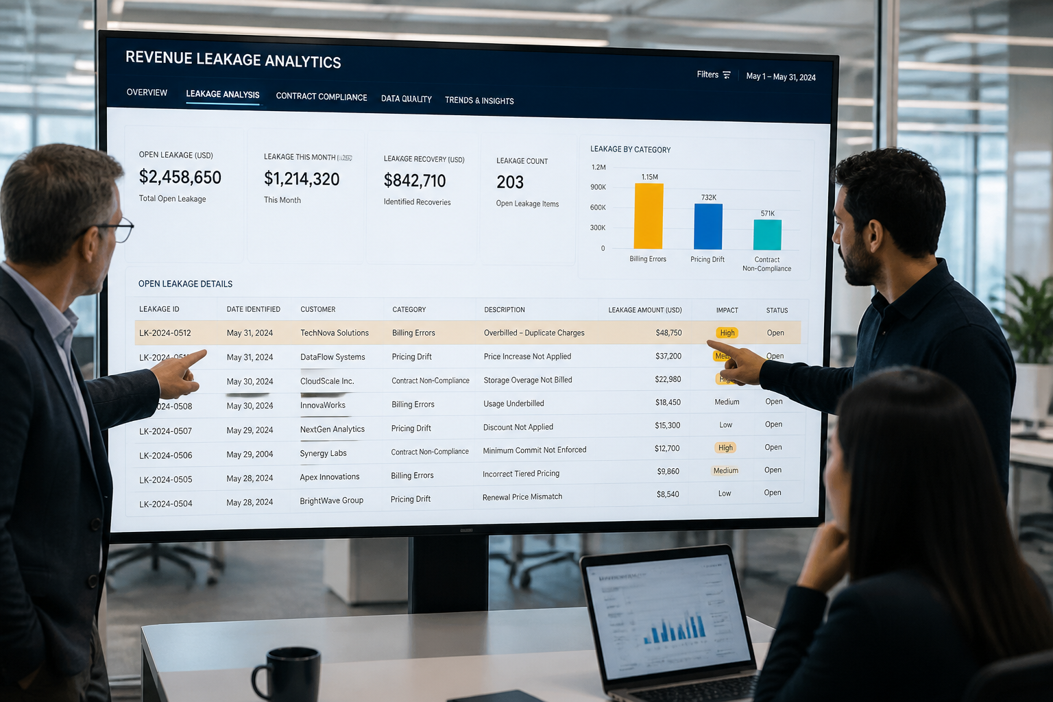Fintech finance team reviewing revenue leakage analytics dashboard showing billing discrepancies by category