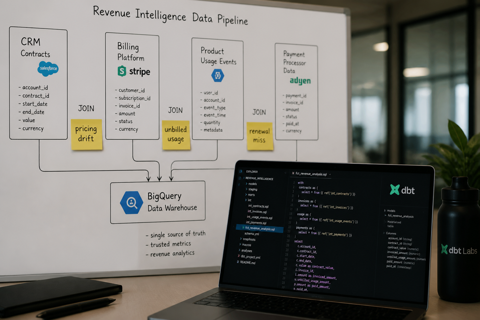 SQL data pipeline diagram mapping contract CRM billing and usage data for revenue leakage detection in dbt