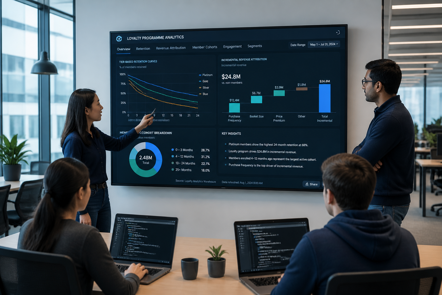 Loyalty programme analytics dashboard showing member retention and incremental revenue metrics on office monitor