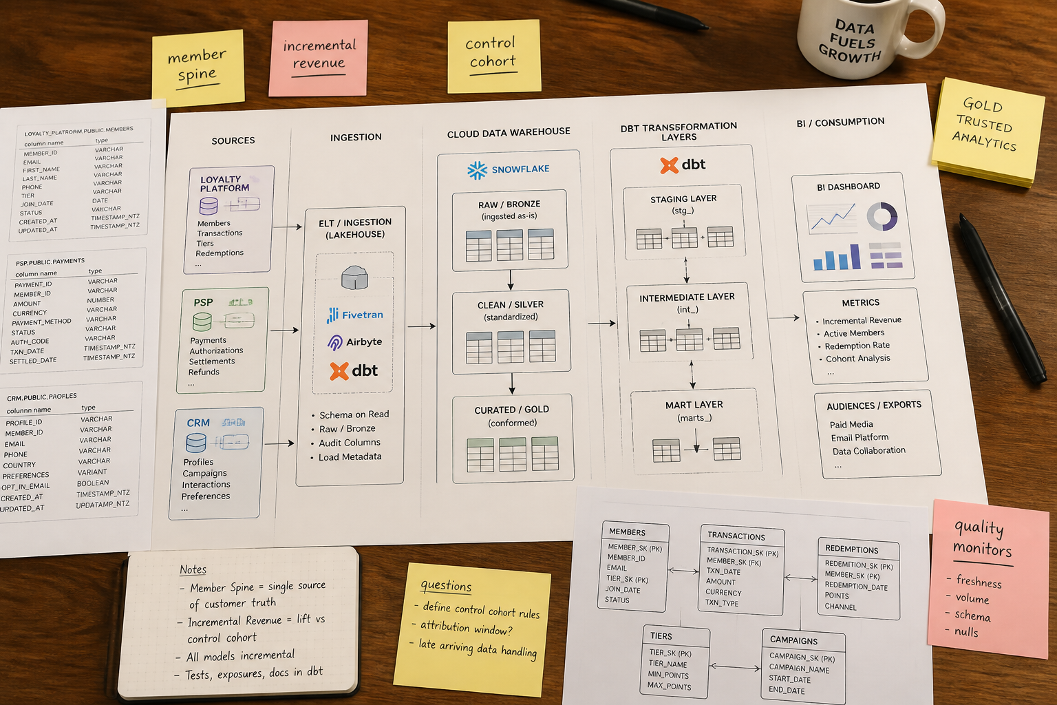 Data pipeline architecture diagram for loyalty programme analytics infrastructure on conference table