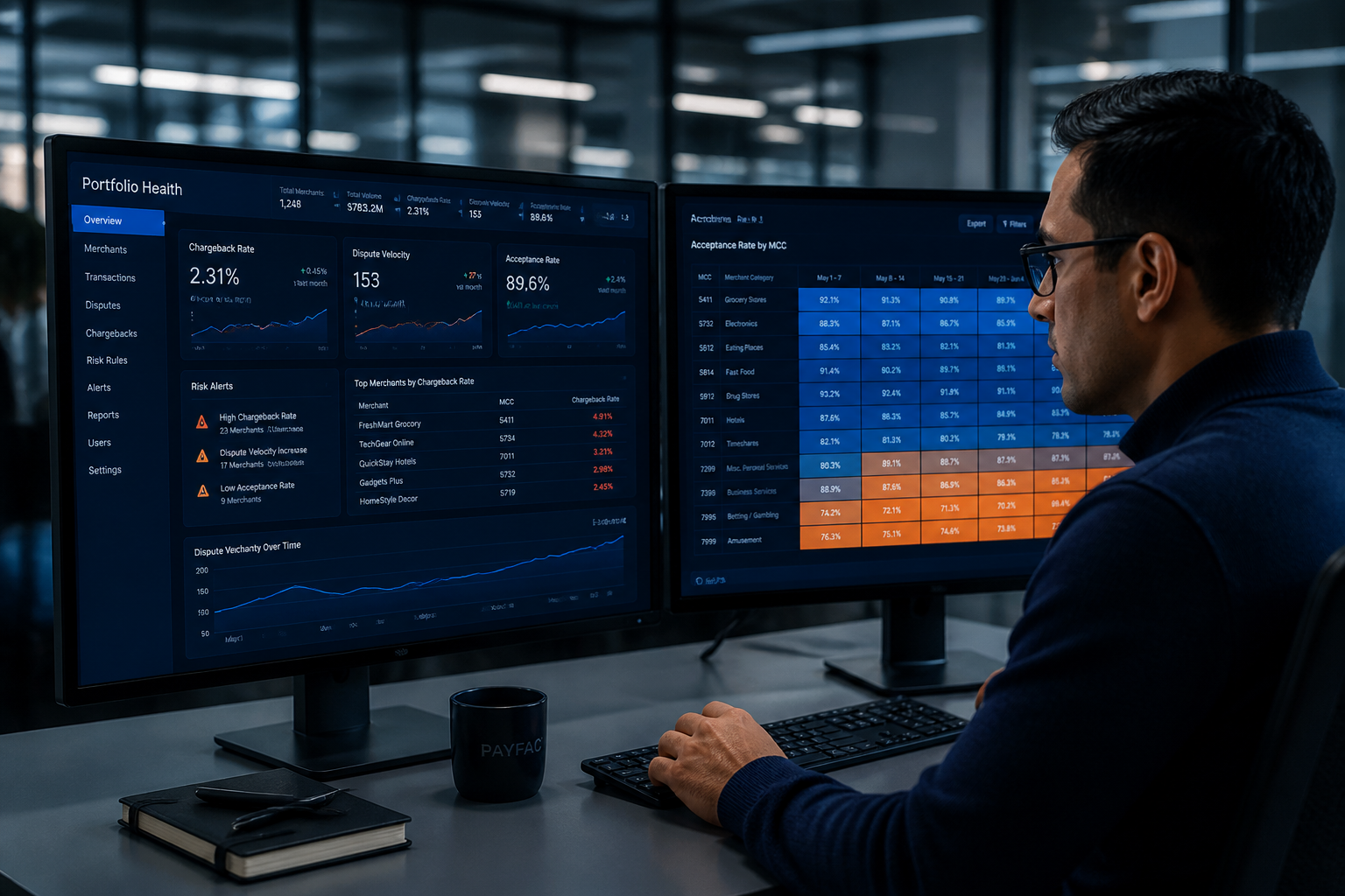 Fintech risk analyst reviewing merchant portfolio chargeback and acceptance rate analytics dashboard