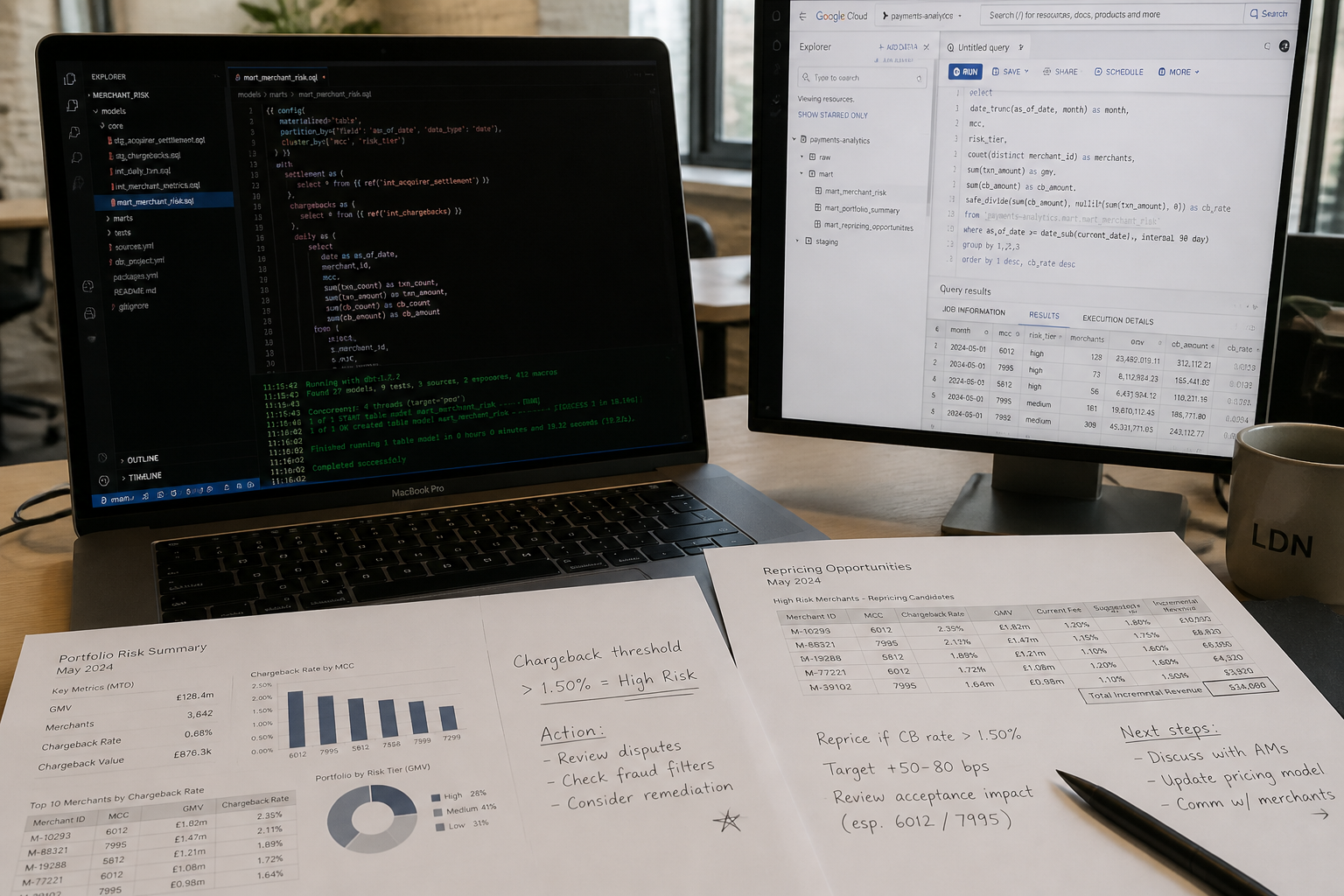 Data engineer building dbt models for merchant portfolio risk and settlement analytics in BigQuery