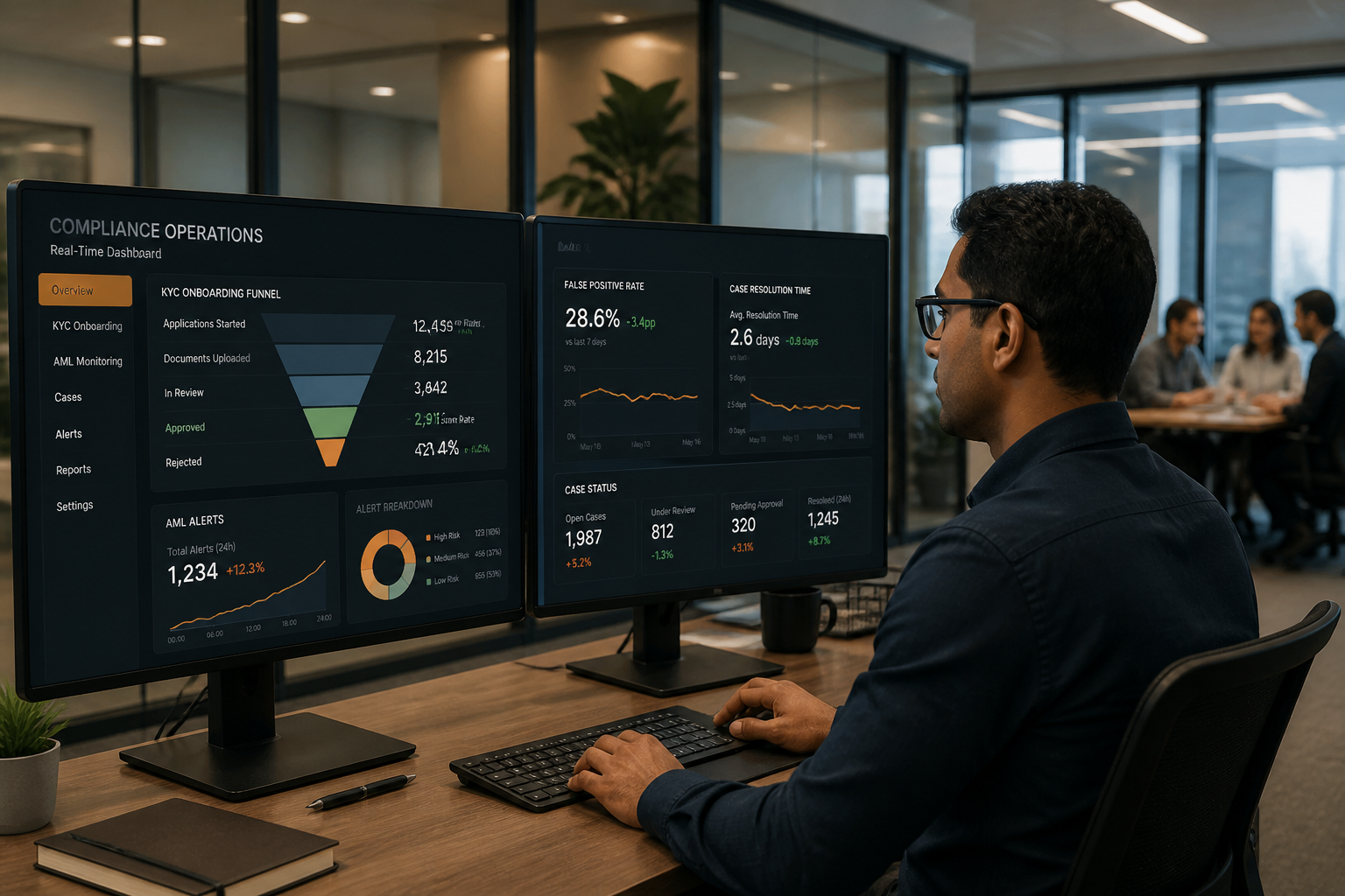 Fintech compliance analyst reviewing KYC AML analytics dashboard with real-time onboarding and alert metrics
