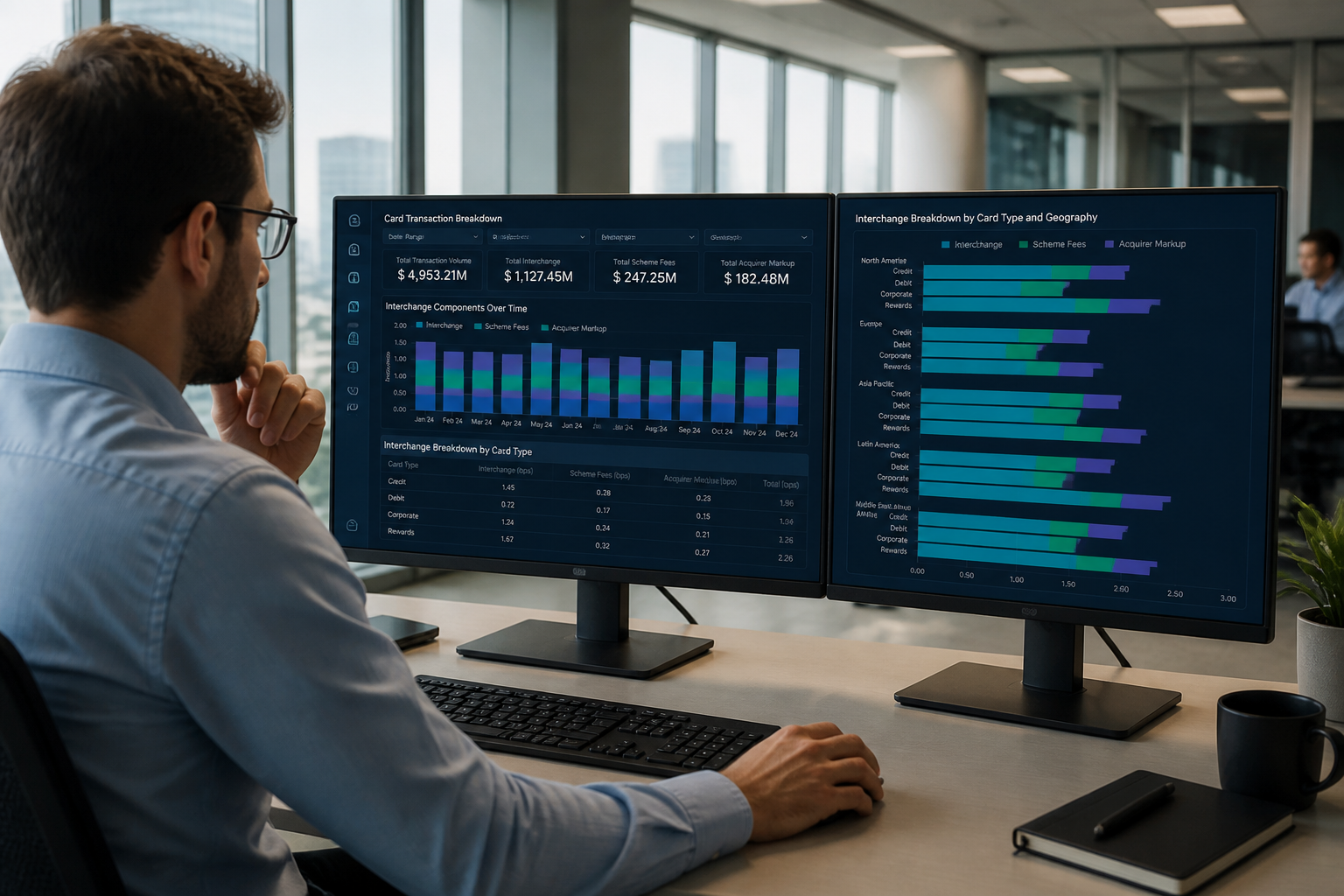 Fintech analyst reviewing interchange fee breakdown dashboard showing card type cost segmentation