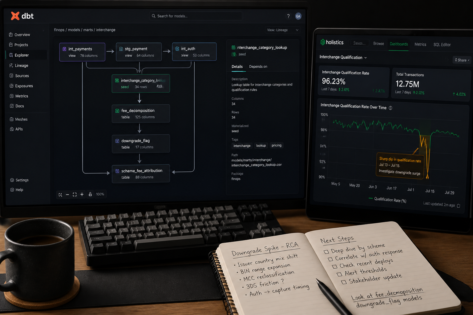 dbt data model pipeline for interchange fee attribution and qualification rate monitoring dashboard