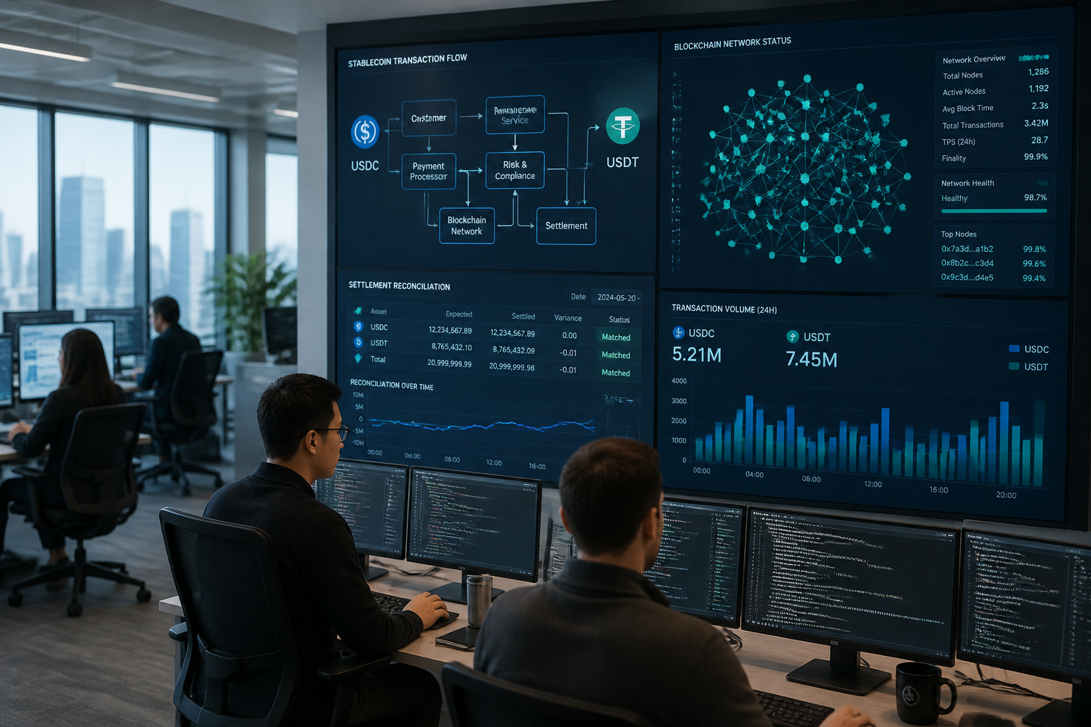 Fintech data engineering team reviewing stablecoin payment analytics dashboards and blockchain transaction flows