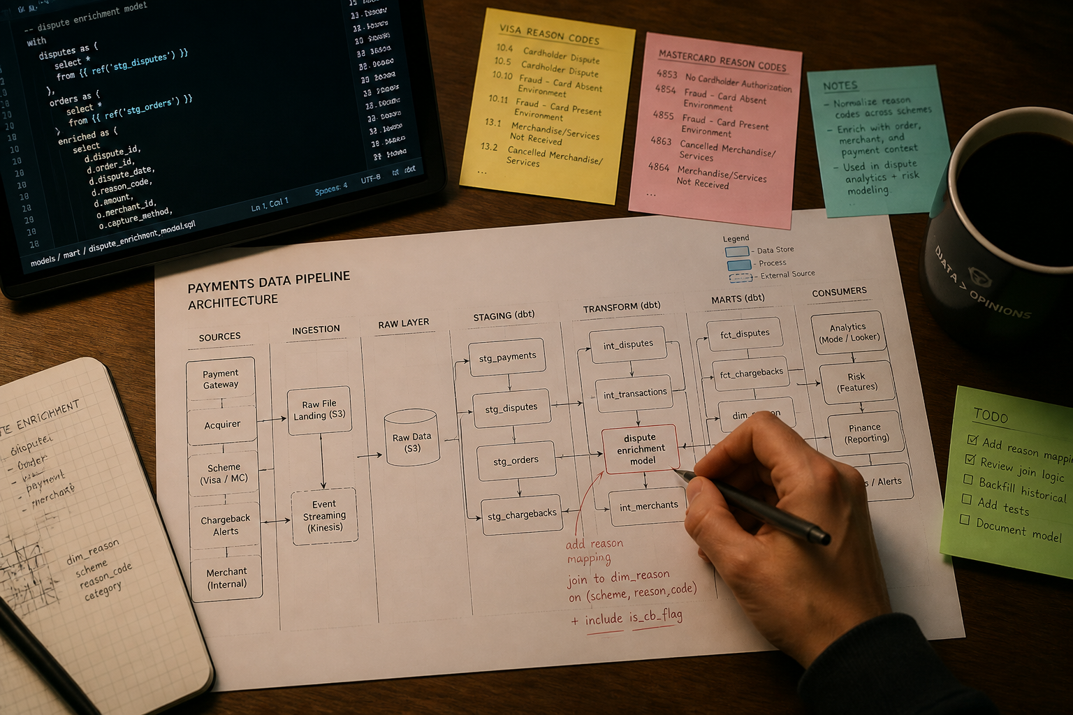 Data engineer annotating chargeback dispute pipeline architecture diagram with dbt transformation models