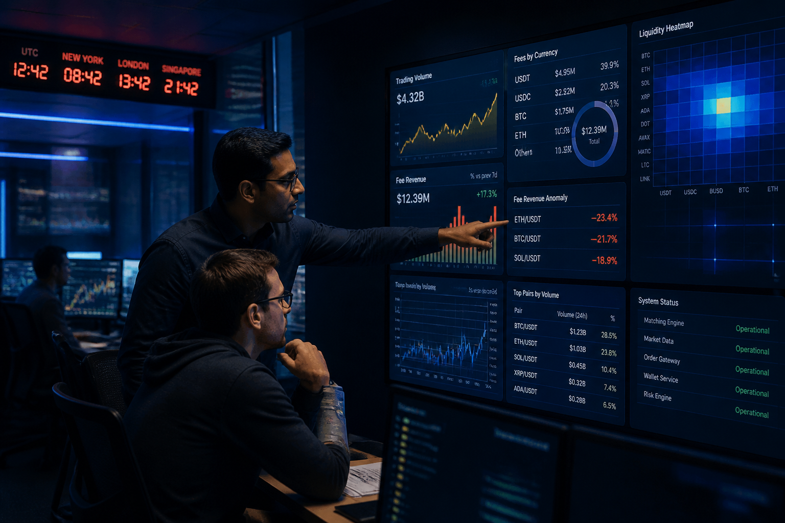 Crypto exchange operations team reviewing live fee revenue and liquidity analytics dashboards at night