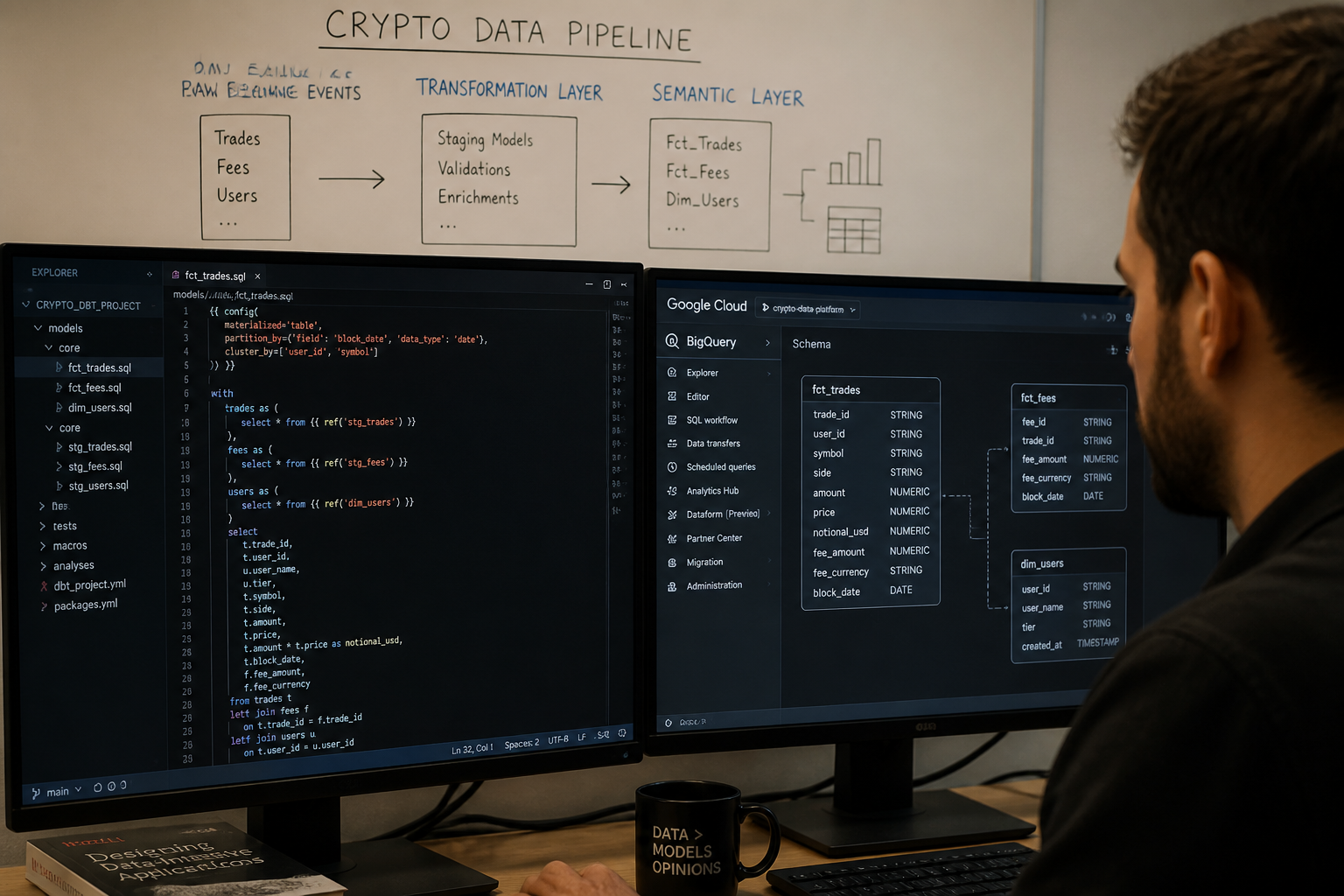 Data engineer building dbt transformation models for crypto exchange trade and fee data in BigQuery