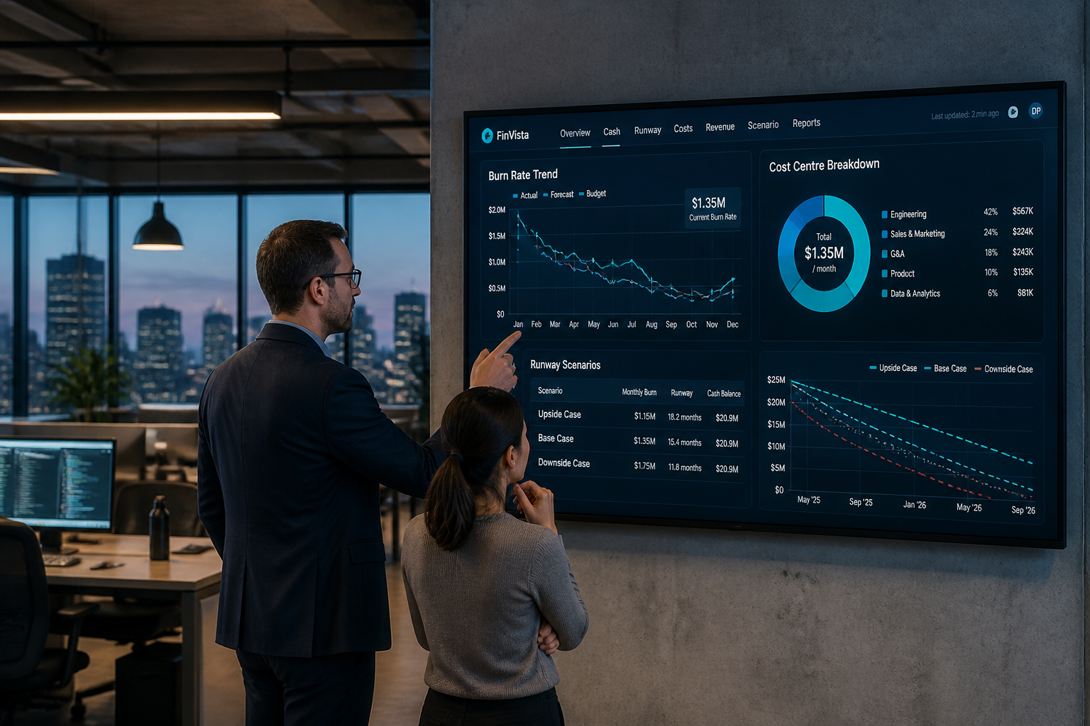Fintech CFO and data engineer reviewing live burn rate analytics dashboard showing runway and cost centre data