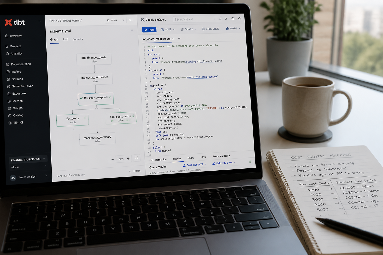 Data engineer building fintech burn rate dbt model in BigQuery SQL editor for financial cost transformation