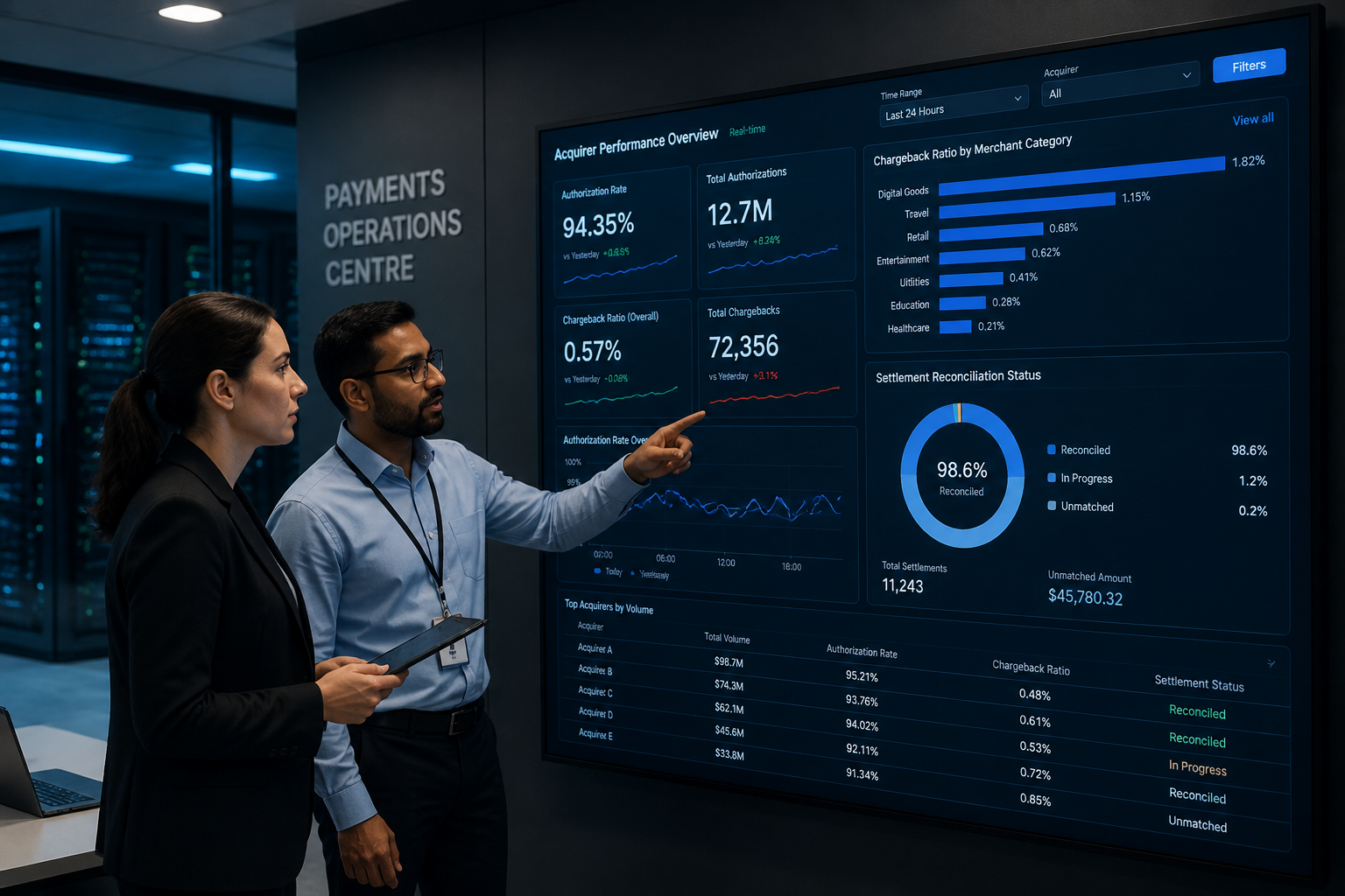 Fintech payments risk analyst reviewing real-time acquirer analytics authorization and chargeback dashboard