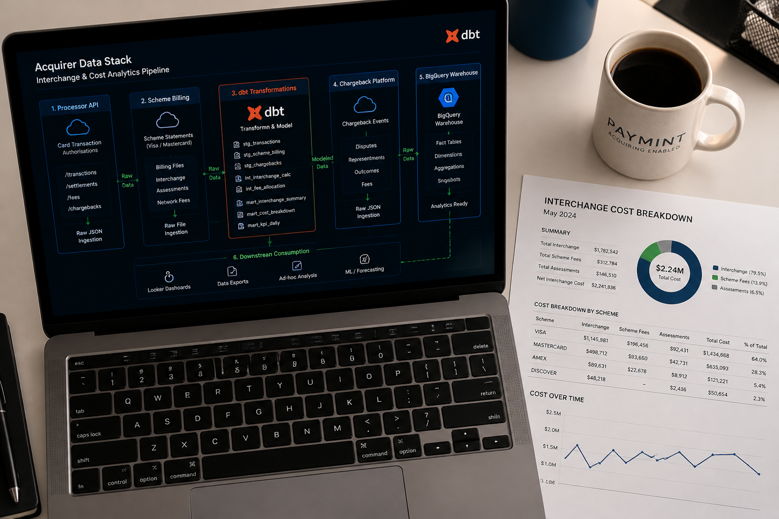 Data engineer building acquirer data pipeline connecting processor API scheme billing and BigQuery warehouse