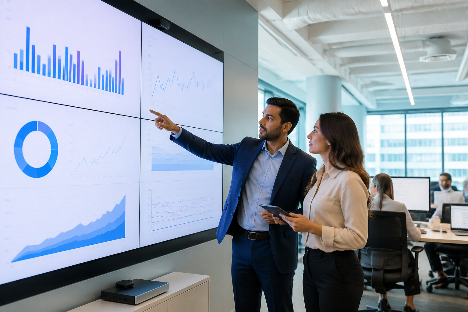 Neobank analytics team reviewing KPI dashboard showing card activation and cohort retention metrics