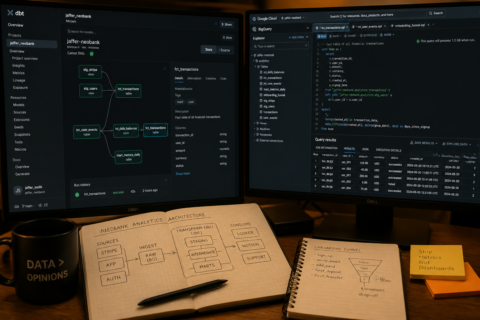 Data engineer building neobank dbt transformation pipeline in BigQuery SQL editor